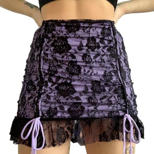 Women Casual High-Waist Drawstring Front Mesh Floral Print Short Skirt Bodycon Skirt Rosette Drawstring Slim A-Line Skirt