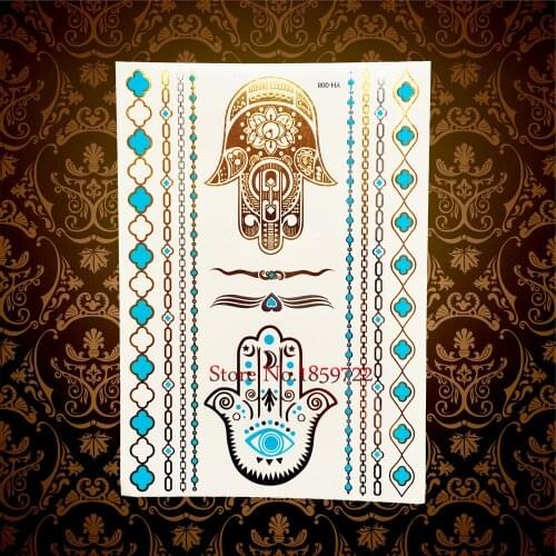 Hamsa Eye Hands Henna Gold Metallic Tattoo Body Art Flash Tattoo Sticker HYH008 Indian Totem Fatima Fake Selfie Tatoo Waterproof