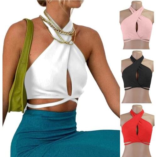 Summer Solid Sexy Halter Neck Crop Top Women Casual Off Shoulder Hollow Out Backless Mesh Y2K Beach Sleeveless Tank Tops