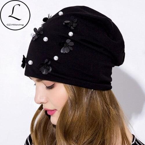 GZhilovingL Women Pearls Flower Hats Soft Spring Thin Slouch Skullies Beanies hats Caps 2020 New Ladies Girls Black Winter hats