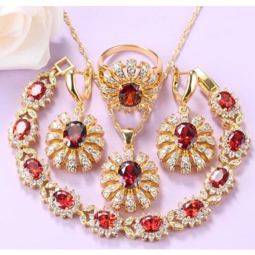 Classic Indian Red Jewelry Sets Gold-Color Bridal Wedding Accessories Necklace And Earrings Bracelet Ring Sets 7-Colors Jewelry