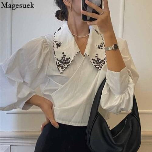 Korean Embroidered Short Blouse Women Sexy Cross Crop Top Women Chic Turn-down Collar Lantern Sleeve Slim Womens Shirt 16955