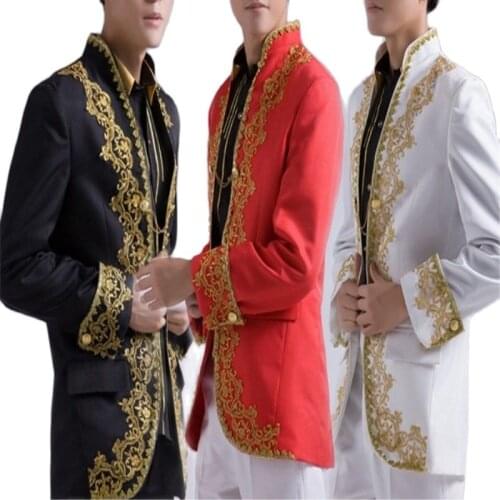 Chinese Stylish Wedding Men Suit 2 pieces With Gold Embroidery Patch Tuxedos Mens Suits Wedding Suit Blazer (Jacket+Pants+Tie)