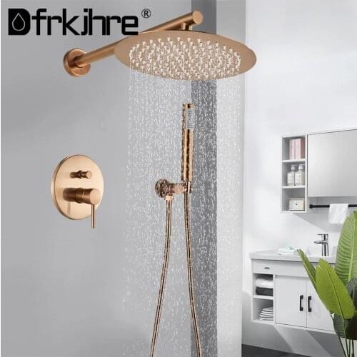 Round Rainfall Shower Faucet Brushed Rose Gold Bathroom Shower Set Wall Mount Bathtub Shower With ABS Handshower Mixer Tap