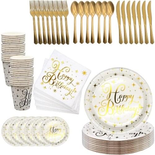 High Quality Hot Stamping White Disposable Tableware Rose Gold Plate/Napkin/Cup/Straw Adult Happy Birthday Party Deco Kids