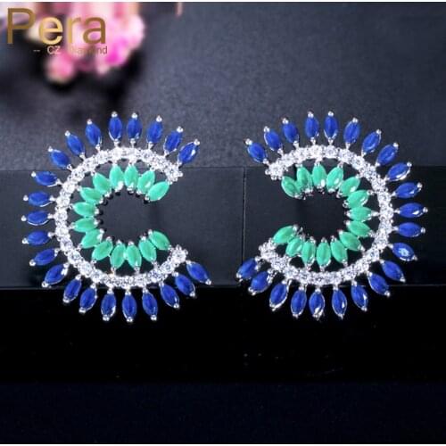 Pera Bohemian CZ Symmetrical Design Ear Jewelry Ethnic Women Party Green And Blue Pave Big Cubic Zirconia Stud Earrings E293