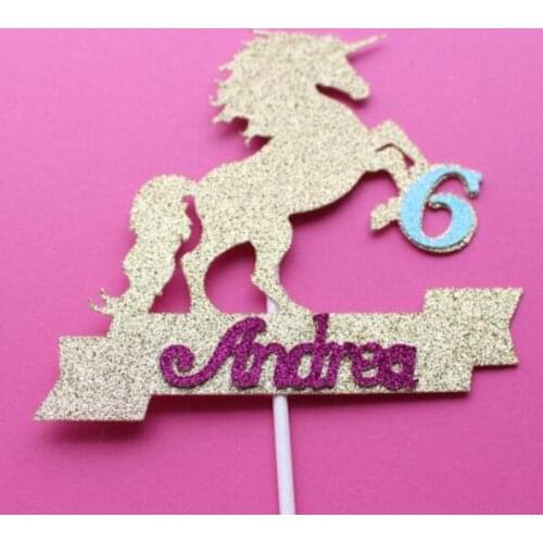 Personalize glitter ANY NAME AGE Rainbow Unicorn first 2nd magic birthday party Cake Topper baby shower cake toppers