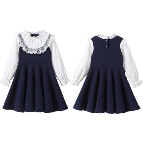2021 New Spring Girls Clothing Dress Curing Campus Style Dress Kids Patchwork Fall Clothes for Children Casual Long Sleeve Dress