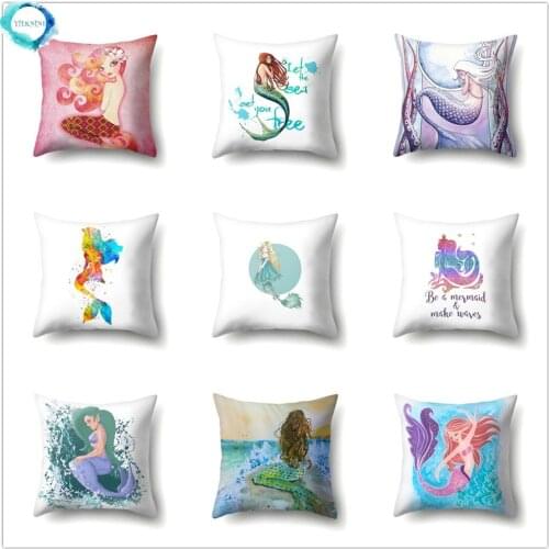 Cartoon Mermaid Pattern Polyester Cushion Cover Sofa Car Bed Fairy Tale Decorative Pillowcases for Kids Room Home Decor 45x45cm