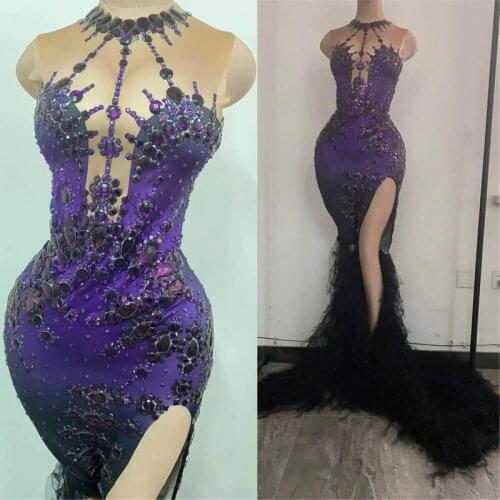 Evening Party Birthday Prom Slit Trailing Dresses Women Purple Rhinestones Sleeveless Floor-length Dress Singer Model Costume