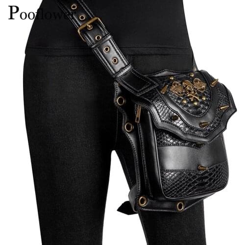 Pooflower Gothic Rivet Moto Leg Bag Punk Style PU Leather Pouch for Women and Men Waist Bag Running Bag Shoulder Chest Bag ZH105