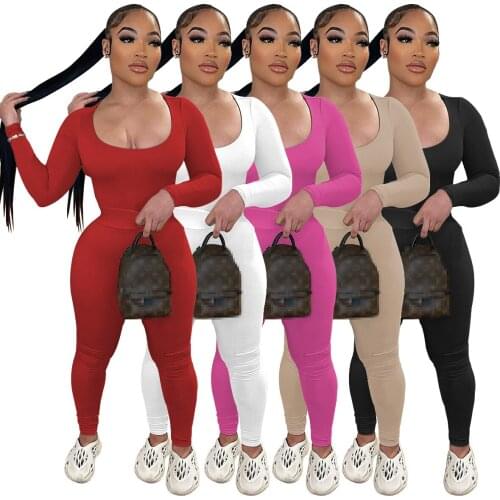 Casual Women Biker Two Piece Set Solid Color U-neck Solid Color Skinny Fitness Tracksuit Matching Set For Women Outfit