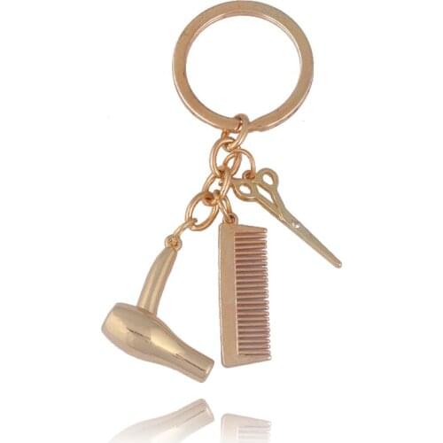 RJ Barbershop Gold Scissors Comb Fan Pendant Keychain For Women Men Barber Car Purse Jewelry Accessories Special Gift