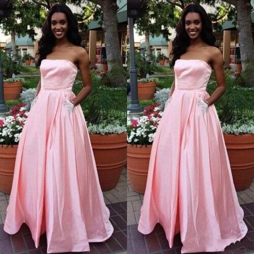 Pink Strapless Prom Dresses A Line With Pockets Graduation Event Wear Club Party Gowns Custom Made Plus Size Available