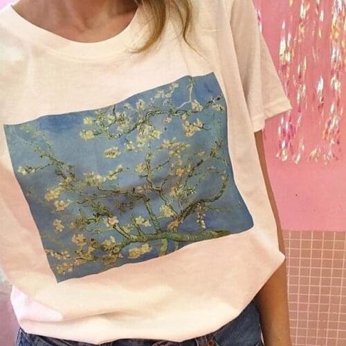 Sunfiz YF Van Gogh Almond Blossom Oil Painting T-Shirt Women Tumblr Fashion Aesthetic Printed Tee Vintage Cute White Tops Cool
