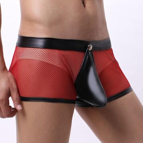 Spring And Summer Men Sexy Net Yarn Breathable Transparent Sexy Imitation Leather Underwear Open File Hollow Boxer Briefs