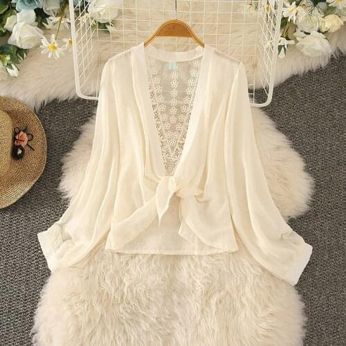 Backless Lace Chiffon Sunscreen Shirt 2021 Summer Korean Hollow Out Long Sleeve Air-conditioned Shirt with Small Shawl New 15862