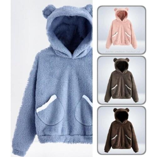 Autumn Winter Cute Ear Hood Pockets Hoodie Hoodie Autumn Coat Solid Color Streetwear
