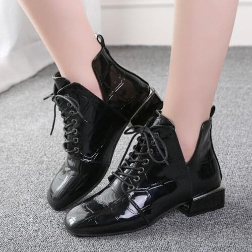2019 women ankle boots winter warm autumn lace up square toe fashion shoes Casual Handmade riding black checkered female boots