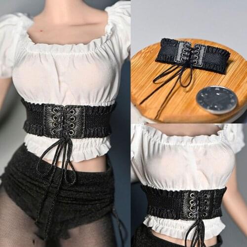 1/6 Female Off Shoulder Short Sleeve Exposed Navel Pleated Tops Wide Belt with Elastic Drawstring Waist Closure for 12" Body