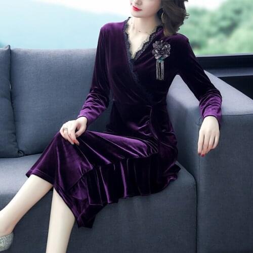 2020 New Autumn Winter Women Dress High Quality Lace Patchwork Elegant Purple Golden Velvet Long Dress Sexy Slim Pencil Dress