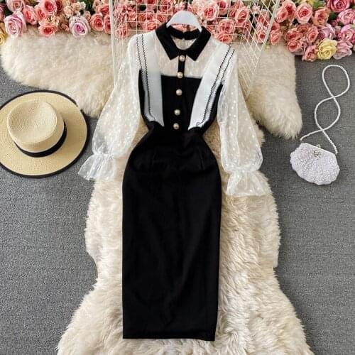 Womens Spring Autumn Runway Fashion Transparent Mesh Sleeve Patchwork Dress Female Travel Chic Party Dress TB1825