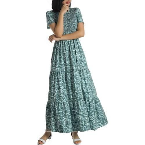 Women Boho Spring Autumn Smocked Dress Casual Floral Print Round Neck Short Sleeve Long A line Dresses Sundress Robe 2021 New