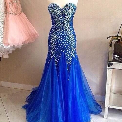 Sexy Royal Blue Mermaid Crystal Prom Gown Floor Length Formal Evening Wedding Party Dress