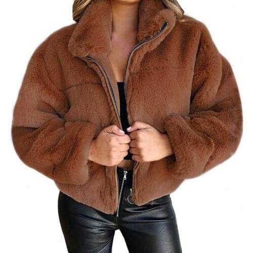 Winter Women Faux Fur Warm Coat Fashion Zipper Solid Plush Jackets Outerwear Soft Furry Autumn Long Sleeve Short Coat Oversize