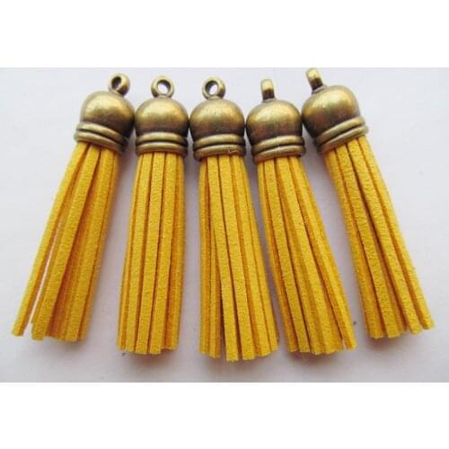 Free Shipping 100Pcs 59mm Ginger Yellow Suede Leather Jewelry Tassel For Key Chains/ Cellphone Charms Top Plated End Caps Cord