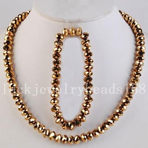 Free Shipping Jewelry Set Gold Crystal Faceted Beads Necklace Bracelet 1set FG3647
