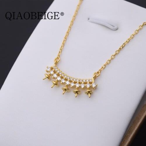 QIAOBEIGE diy mounting 925 Sterling Silver Pearl Pendant Necklace Long Chain Necklace Jewelry Wedding Necklace Accessories