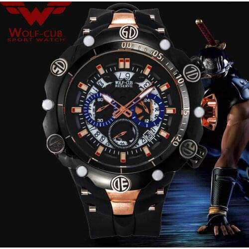 WOLF-CUB Big Dial Mens Sports Watches Waterproof blue Dial military Chronograph Quartz Wrist Watch Military Relogio Masculino
