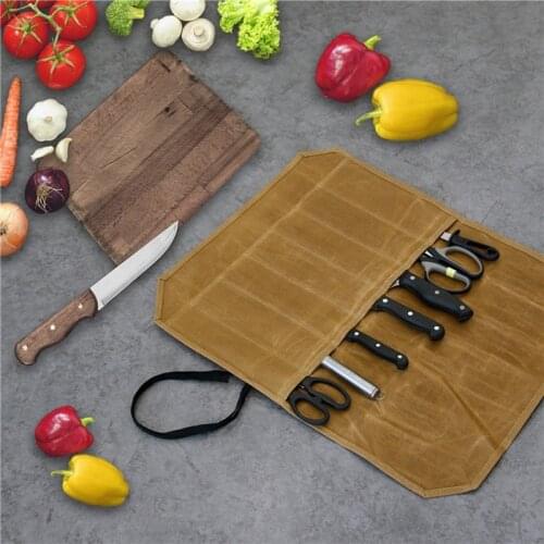 ABSF Knife Roll Case, Waxed Canvas Cutlery Knives Holders Protectors, Home Kitchen Cooking Tools and Utensils Wrap Bag