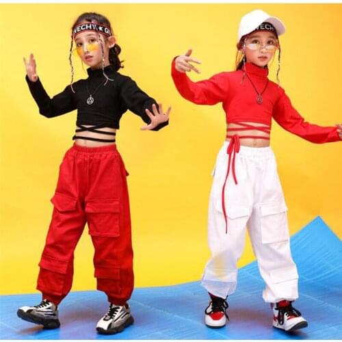 Children Hip Hop Clothing Red black Sweatshirt Tops Crop Casual Pants for Girl Jazz Dance Costume Ballroom Dancing Clothes Wear