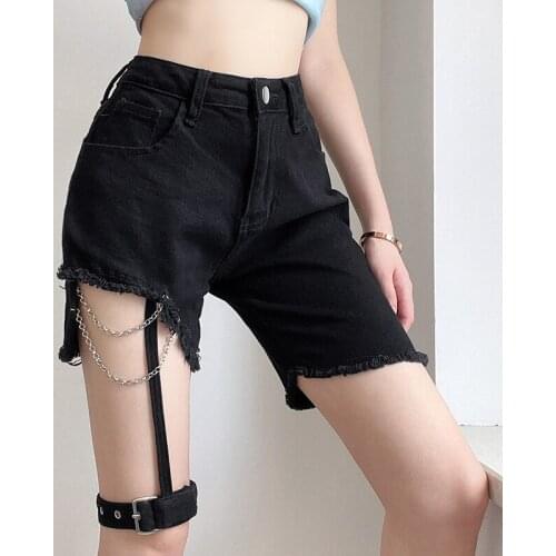 Y2k Gothic Hot Pants Shorts MIni Sexy Hollow Out Patchwork Chain Leg Belt Black Asymmetric Summer Irregular Denim Jeans