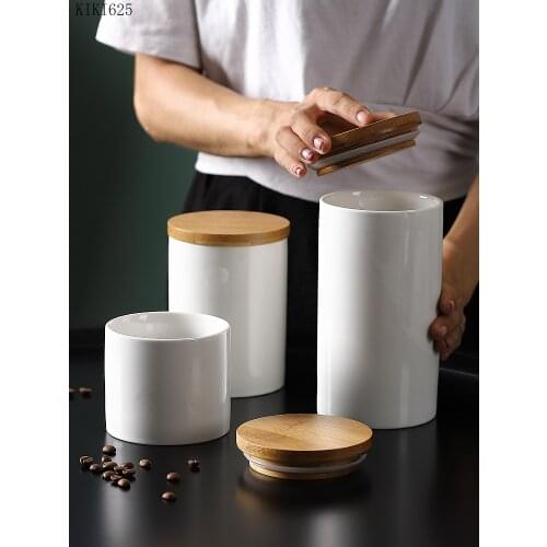 European White Ceramic Airtight Jar Miscellaneous Food Coffee Candy Storage Jar Cylindrical Seasoning Container Home Decoration