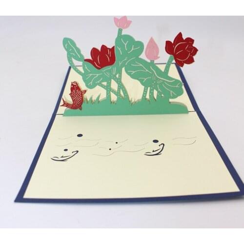 Hot 3D Laser Cut Handmade Fish Flowering Lotus Leaf Paper Invitation Greeting Card PostCard Children Festival Blessing Gift