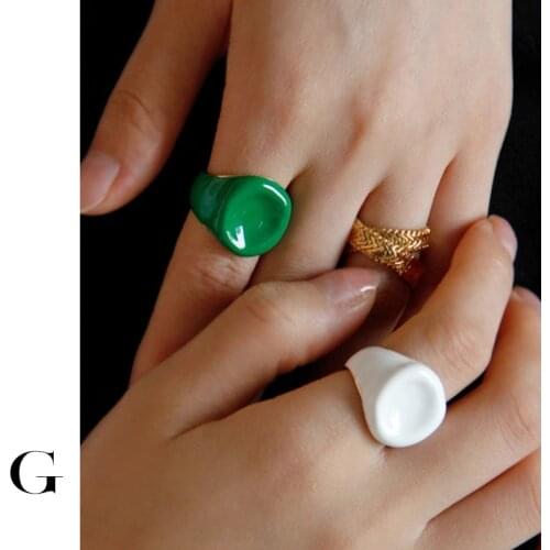 GHIDBK Summer Enamel White Green Color Rings For Women Girls Round Irregular Drip Glaze Stacking Punk Ring Girlfriend Mininalist