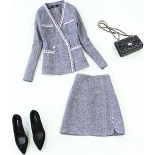 Fashion suit female winter / spring New high quality Woolen Herringbone fragrant wind coat jacket + A-line skirt two Set