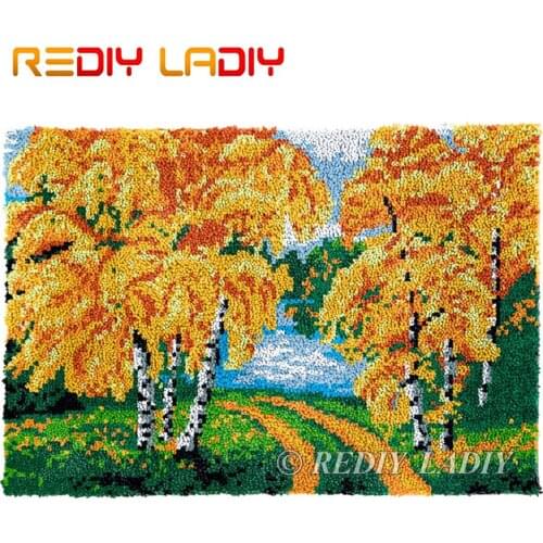 Latch Hook Rug Chunky Yarn Tapestry Kits DIY Carpet Rug Birches Road Knitted Floor Mat Crochet Cushion Arts & Crafts 85*58cm