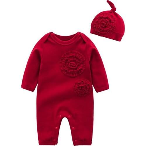 Red 3D flower design newborn baby bodysuit Spring autumn cotton long sleeve jumpsuit for girls clothes Xmas children outfits
