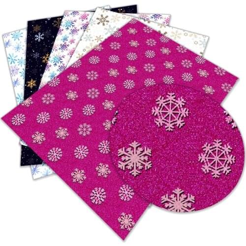 Happy Christmas Snow Flower Pattern Printed Faux Leather Sheet A4 22*30cm for Hair Bow Centers DIY Party Decoration Crafts
