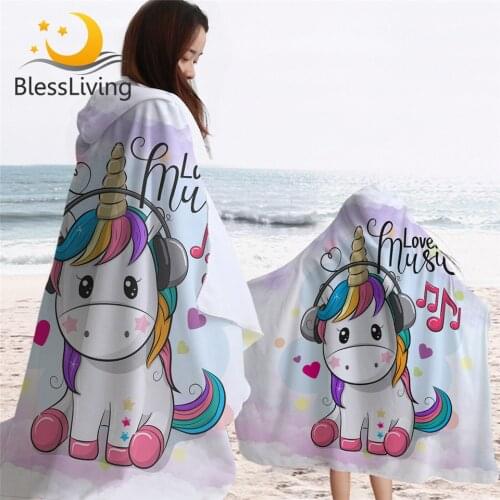 BlessLiving Cute Unicorn Hooded Towel for Kids Rainbow Hair Bath Towel With Hood Love Music Wearable Beach Towel Colorful Toalla