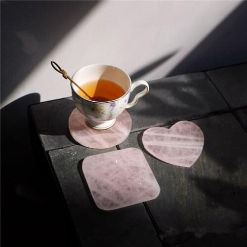 Natural Rose Heart Quartz Crystal Coffee Bar Decorations Drink Coaster Cup Mat Specimen Energy Point Reiki Healing Home Decor