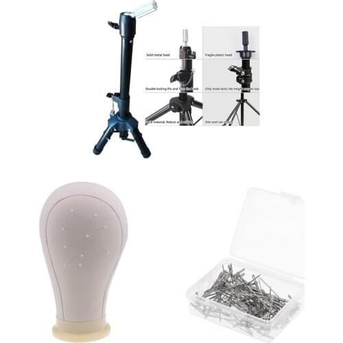 Wig Canvas Block Mannequin Head + Adjustable Tripod Doll Stand + 100 T Pins