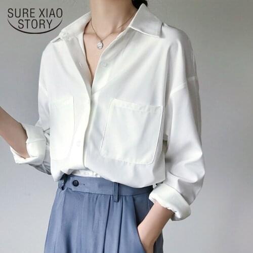 OL Style White Shirts for Women Turn-down Collar Pockets Women Blouse Tops Elegant Workwear Female Tops blusa femme Autumn 11296
