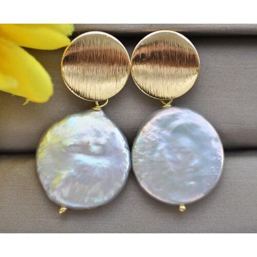 Z10681 Natural 20mm White Coin Freshwater Pearl Gold-Plating Dangle Earring