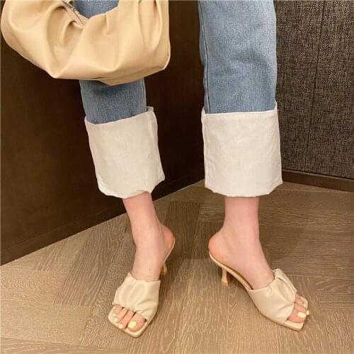 2020 New Design Square Toe Thin High Heel Slippers Women Sandals Fashion Slip On Slides Summer Shoe Mule Pleated Massage Outsole