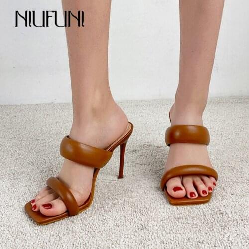 Summer Square Toe Candy Solid Color Stiletto High Heels Open Toe Women Slippers Simple Hollow Gladiator Slides Slip-On Size35-42